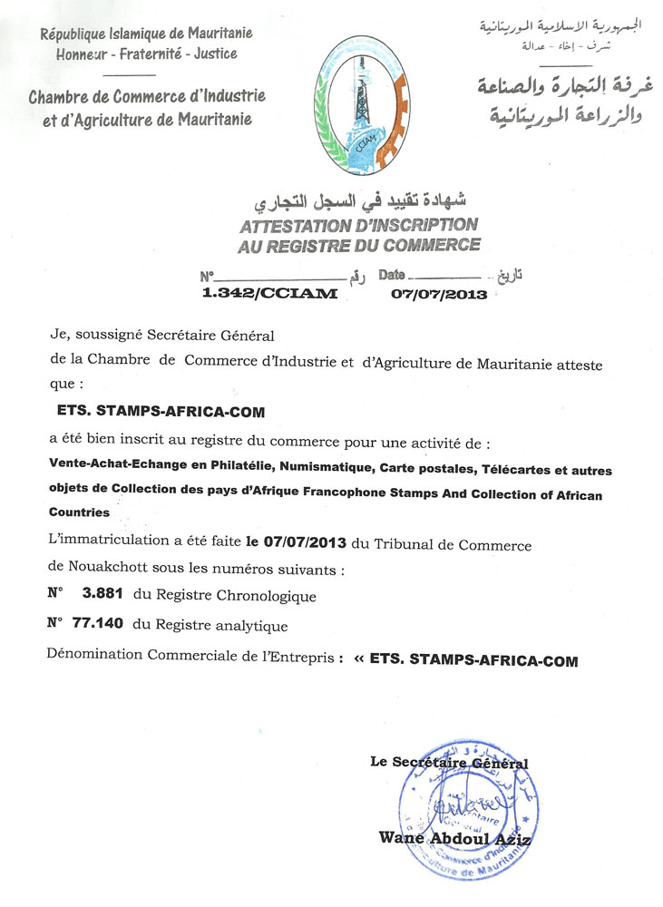 Certificate of inscription in the register of the Chamber of Commerce