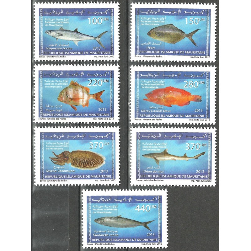 Mauritanie 2013 - poissons (dont requin) et seiche - 7 timbres **