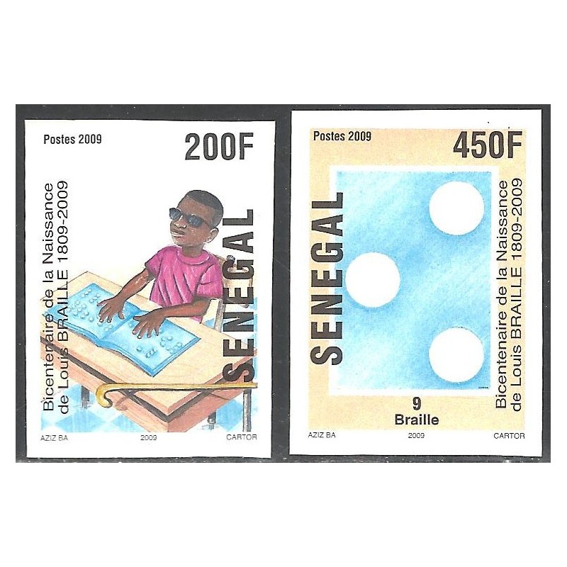 Sénégal 2009 - Louis Braille - enfant aveugle lisant et chiffre 9 - 2 val. NON DENTELE **