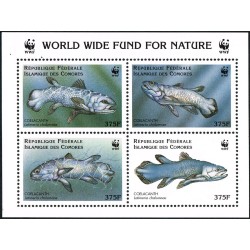 Comores 1998 - Mi A 1264 à D 1264 - fossile vivant : poisson coelacanthe WWF - 4 x 375 fc ** trous agrafe dans la marge