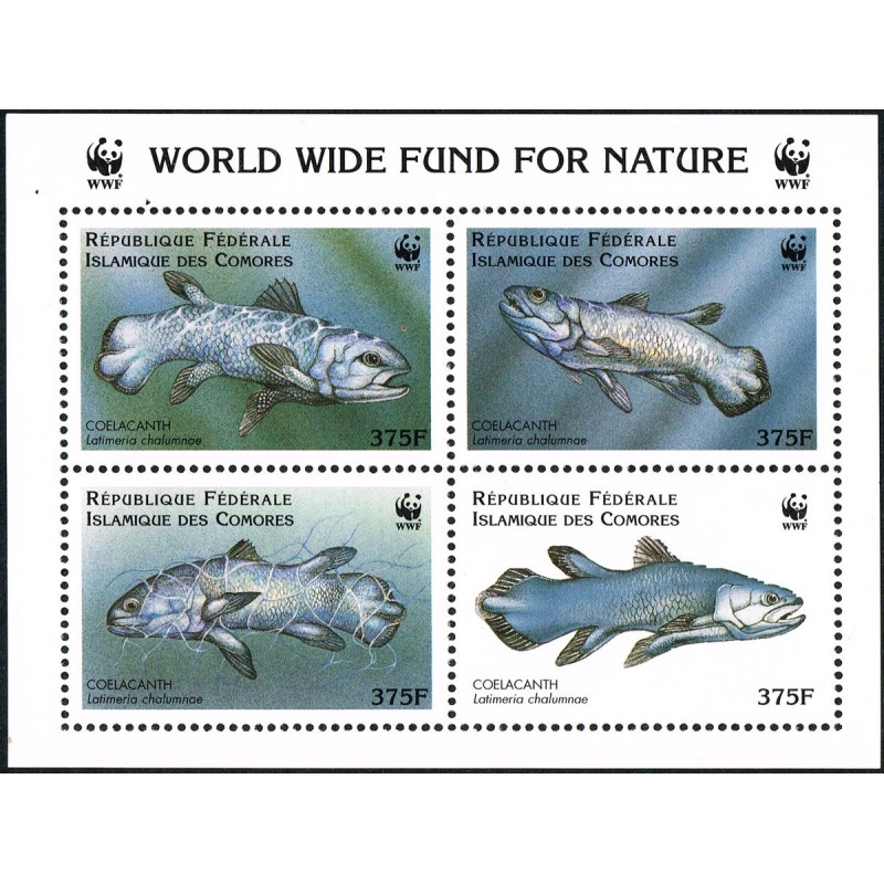Comores 1998 - Mi A 1264 à D 1264 - fossile vivant : poisson coelacanthe WWF - 4 x 375 fc ** trous agrafe dans la marge