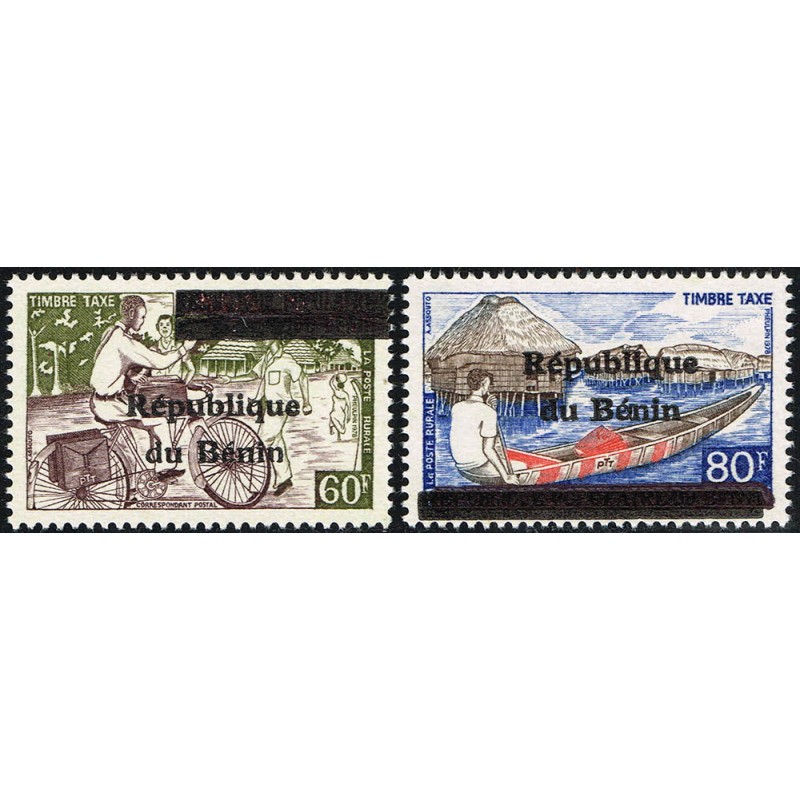Bénin 1990 - Mi Portomarken 15 et 16 taxe  - surcharge locale - poste rurale - vélo - village lacustre ** - RARE