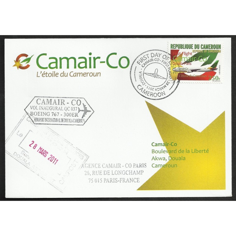 Year 2011 - new airline CAMAIR-Co, plane Boeing 767, FDC - 1st flight Douala - Paris