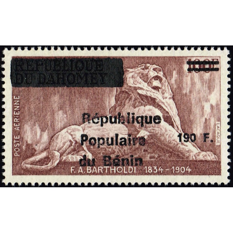 Bénin 1988 - Mi U 473 - surcharge locale 190 f - statue lion de Belfort par Bartholdi ** - cote 48 €