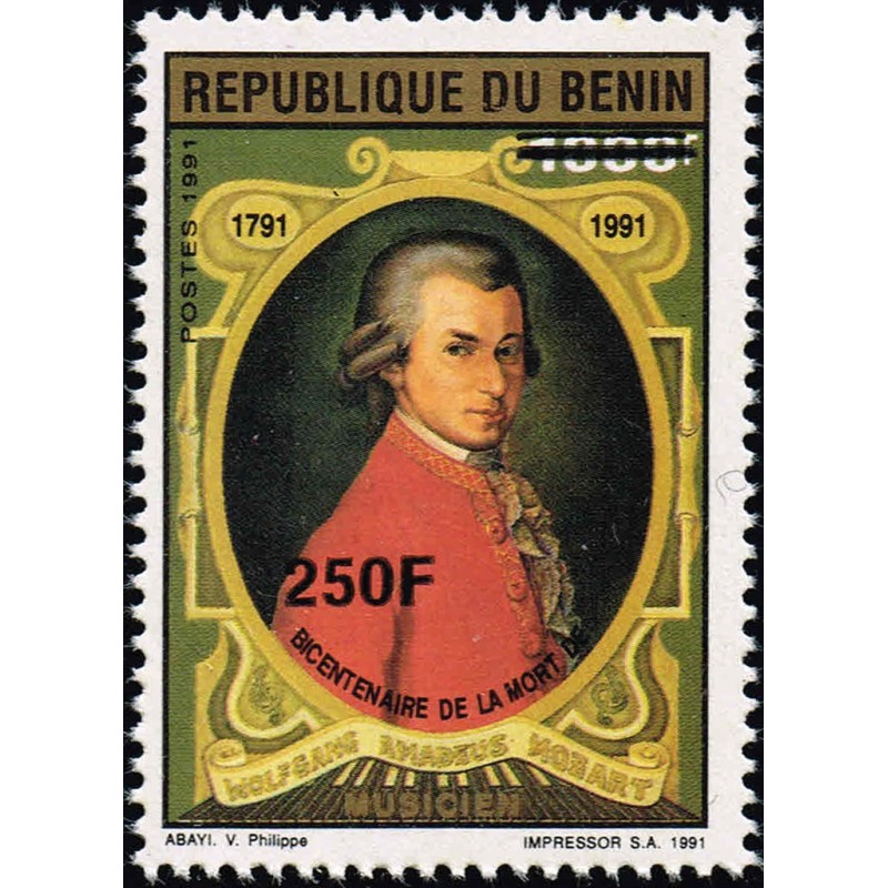 Bénin 1996 - Mi 891 - surcharge locale 250 f - Mozart ** - cote 70 €