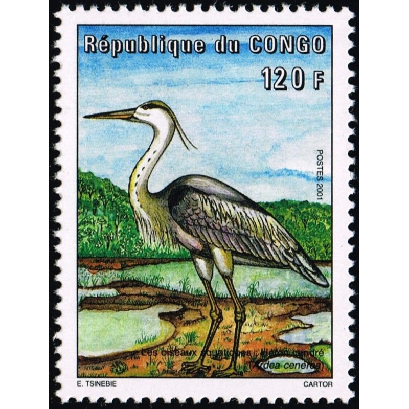 Congo 2001 - Mi 1740 - Oiseaux aquatiques : Héron cendré **