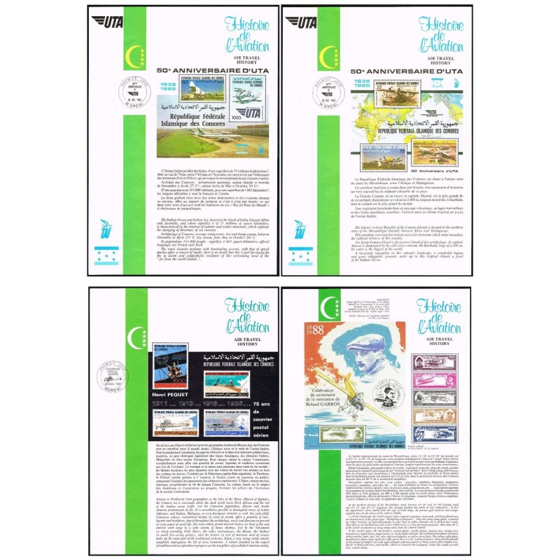 Comoros 1985 1987 1988 - Air travel history - 50 years UTA - Rolland Garros - 4 sheetlets RARE - MNH