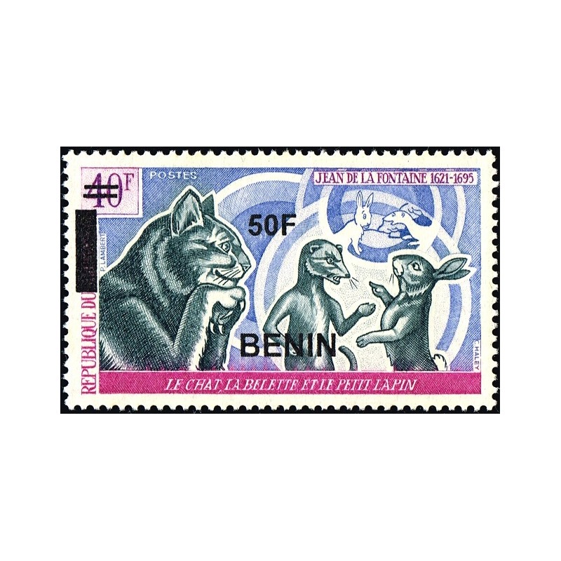Bénin 2009 - Mi 1579 - surcharge locale 50 f - Jean de la Fontaine - chat, belette et lapin ** - cote 130 €