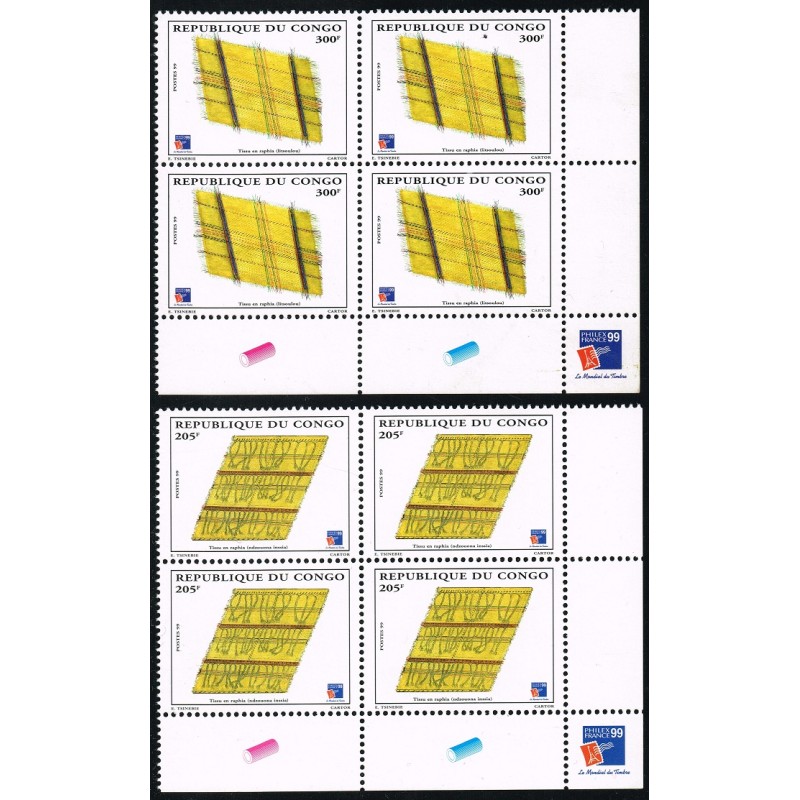 Congo 1999 - Mi 1599 1600 x4 avec logo PHILEXFRANCE 99 - tissu en raphia - **
