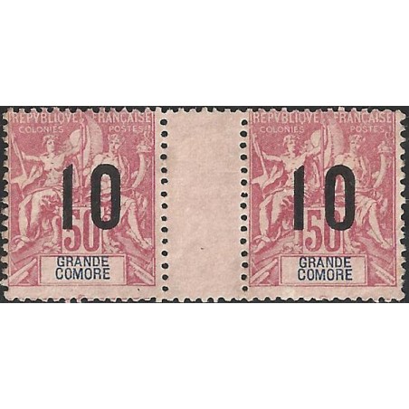 1912 - Grande-Comore - surcharge 10 sur 50 c - paire interpanneau avec varété chiffres espacés * - cote 115 €