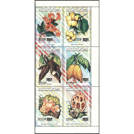 Comores 1997 - Mi 1182 à 1187 - surcharge 200 F - Flore et champignons - feuillet de 6 timbres - RR **